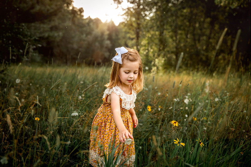 Family Photography, Little girl in yellow dress in a field of flowers